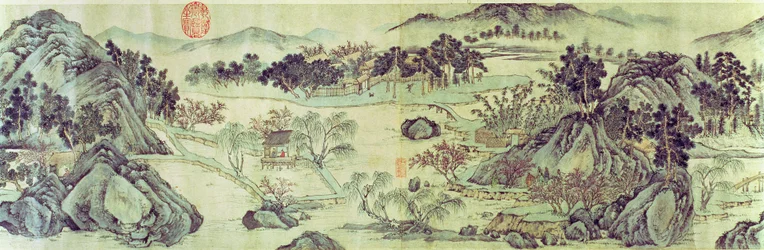 The Peach Blossom Spring fra et dikt med tittelen "Tao Yuan Bi Jing" skrevet av Wang Wei