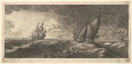En yacht og tre krigsskip i en storm, 1665.