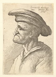 Byste av eldre mann med nese som møter underleppen, iført bred flat hette i profil t..., 1665.