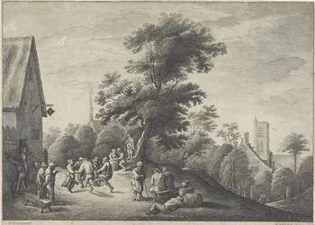 Dansende bønder foran et vertshus