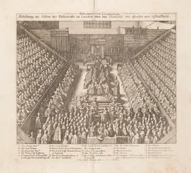 Skildring av parlamentet i Londons sesjon av dommen til jarlen av Stafford, ca 1642.