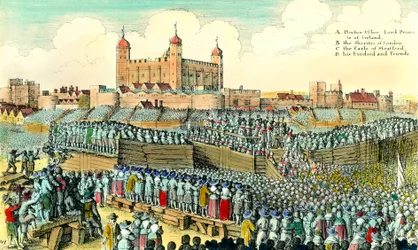 Første engelske revolusjon (1641-1649): henrettelse av den engelske politikeren Thomas Wentworth de Strafford (1593-1641) 12.05.1641 ved Tower Hill i London. Gravering av Wenceslaus Hollar (1607-1677) privatsamling fra 1600-tallet