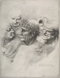 Fem groteske hoder, inkludert en eldre mann med eikebladkrans, 1646., 1646.