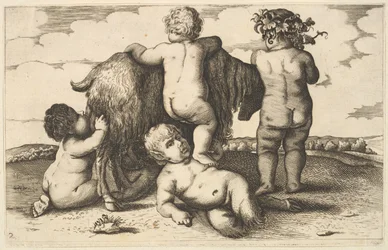 Fire gutter, en ung satyr og en geitkopi, 1600-tallet.