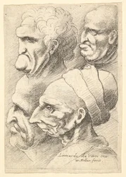 Fire groteske hoder i profil til venstre, 1625-77.