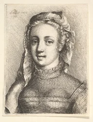 Hode og skuldre til en kvinne med slør og utslitt hals, 1645.