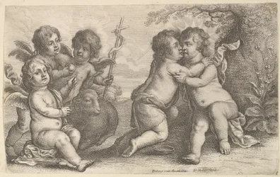Jesus og St. Johannes omfavner, med kjeruber, 1646.