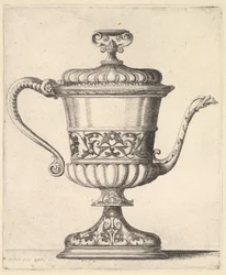 Kanne med lokk, gravert med arabeskmønster, den smale tuten til høyre ender på snak..., 1625-77.
