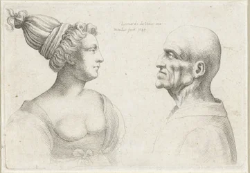 Hoder til en skallet mann og kvinne med turban Varie figurae et probae (serietittel) Karikaturer, hoder og misdannelser etter Leonardo da Vinci (serietittel)