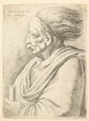 Mann med karikerte trekk og hår som strømmer bak, i halv lengde til venstre, 1648.