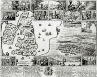 Kart over borgerkrigen England og utsikt over Praha, 1632