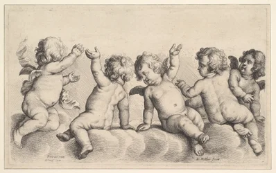 Tre kjeruber og to gutter på skyer, 1620-77.