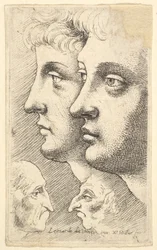 To ungdommer i profil til venstre med to groteske hoder vendt mot hverandre under, 1625-77.