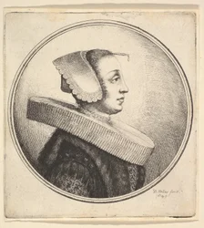 Kvinne med sirkulær krage, panser og hårnål, i profil til høyre, 1645.