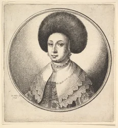 Kvinne med stor sirkulær pelshatt og øredobber, 1645.