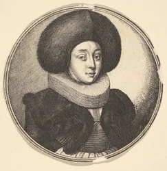 Kvinne med stor sirkulær pelslue og blonderuff, 1645.