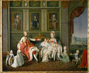Piero Leopoldo, storhertug av Toscana, senere keiser Leopold II, hans kone Maria Ludovica, infanta av Spania, og seks av deres 16 barn (maleri på lerret)