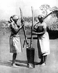 To Mashona-stammekvinner som banker på mais og hirse, Zimbabwe, Afrika, 1936.