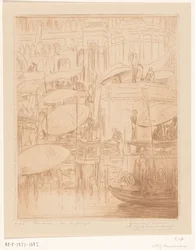 Menn og kvinner som bader og ber på bredden av Ganges i Benares Bading og bønn (original tittel) On the Ganges (tittel på objekt)