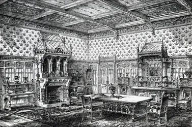 Design for en gotisk spisestue, publisert i The House-Furnisher & Decorator, 1. september 1872