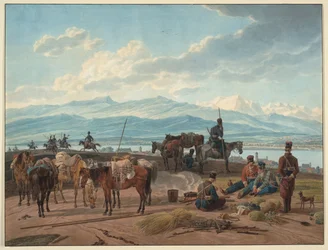 Halt av russiske kosakker - Kobell, Wilhelm, Ritter von (1766-1853) - 1804 - Akvarell på papir - 36,8x48,2 - Privat samling