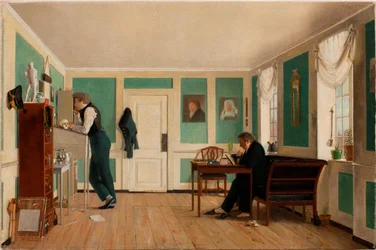 Interiør fra Amaliegade. Kaptein Carl Ludvig Bendz stående og Dr. Jacob Christian Bendz sittende