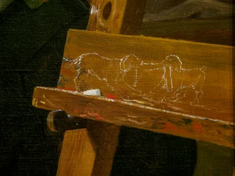 En ung kunstner (Ditlev Blunck) undersøker en skisse i et speil, detalj