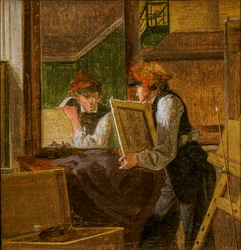 Utkast til en ung kunstner [Ditlev Blunck] undersøker en skisse i et speil