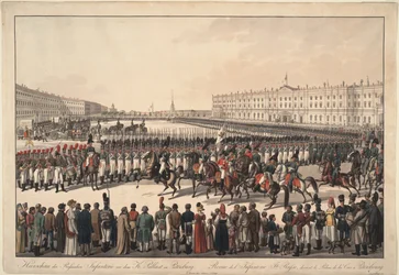 En gjennomgang av det russiske infanteriet på Palace Square i St Petersburg, 1809-1813