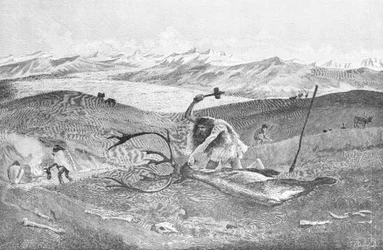Forhistorie: reinsdyrjakt i et morenelandskap i Schwaben høyere enn siste isperiode; malt av W. Kranz etter en skisse av professor Klaatsh.