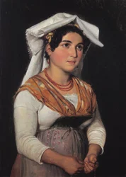 En ung, stående italiensk kvinne som holder en rosenkrans