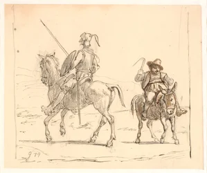 Don Quixote rir til venstre, Sancho Panza til høyre