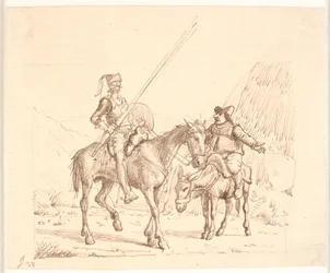 Sancho på eselet forklarer noe til Don Quijote