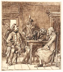 Scene på fødeavdelingen. Corfitz drikker rhinsk vin sammen med offiseren og Jens Olsen