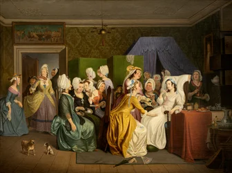 Scene fra Ludvig Holbergs «Fødselsrommet» (olje på lerret)