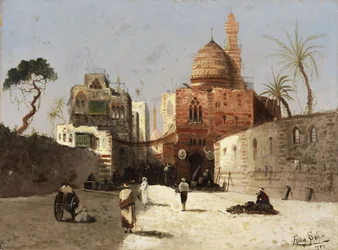 Norsk: Orientalsk gatebilde med moské, minaret og handelsmenn på en forgård.