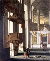 Kirkeinteriør med elegante figurer (olje på panel)