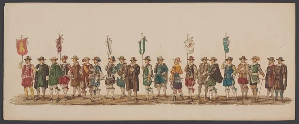 Delft parade av 1862, femte gruppe Fjerde Lustrum ved Royal Academy i Delft - Ao. 1862 - Costumed Optogt (serietittel på objekt)