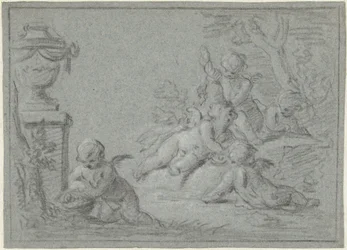 Putti i et landskap med en vase