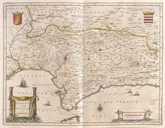 Andalusia og byen Sevilla, Straights of Gibraltar, i #39;Theatrum Orbis Terrarum, Sive Atlas Novus#39; av Willem Blaeu, Amsterdam