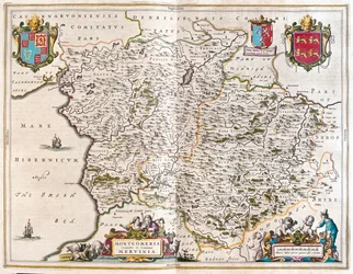 Montgomery og Merioneth, i #39;Theatrum Orbis Terrarum, sive Atlas Novus#39; av Willem Blaeu, Amsterdam