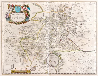 Orvieto, innsjøen Bolsena, Italia, i #39;Theatrum Orbis Terrarum, sive Atlas Novus#39; av Willem Blaeu, Amsterdam