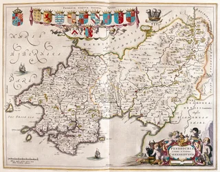 Pembrokeshire og Carmarthenshire, i #39;Theatrum Orbis Terrarum, sive Atlas Novus#39; av Willem Blaeu, Amsterdam