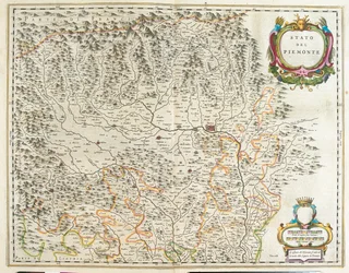 Piemonte, Aosta-dalen og Liguria, Italia, i #39;Theatrum Orbis Terrarum, sive Atlas Novus#39; av Willem Blaeu, Amsterdam