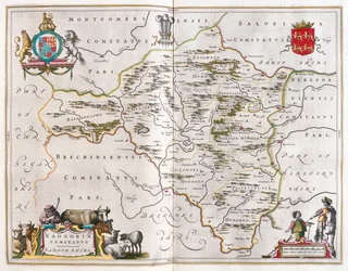 Radnorshire, i #39;Theatrum Orbis Terrarum, sive Atlas Novus#39; av Willem Blaeu, Amsterdam
