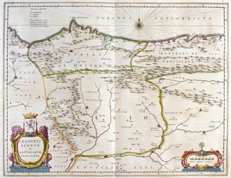 Spanske provinsen Asturias, Castilla og Leon, inkludert byene Oviedo, Leon, Santander, Valladolid, i #39;Theatrum Orbis Terrarum, sive Atlas Novus#39; av Willem Blaeu, Amsterdam