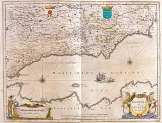 Gibraltarstredet til Alicante så langt inn i landet som Guagalquivir-dalen og Sevilla og kysten av Nord-Afrika, i #39;Theatrum Orbis Terrarum, Sive Atlas Novus#39; av Willem Blaeu, Amsterdam