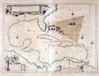 Det karibiske hav: du kan se Bermuda-trekanten mellom Bermuda-øygruppen, Miami og Puerto Rico. I følge Wilhelm Blaeus Atlas