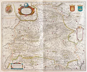 Zaragoza, Valencia, Alicante, Cartagena, Madrid, Cordoba, Sevilla, Salamanca, Palencia, Segovia, Toledo, Cuenca, Granada, i #39;Theatrum Orbis Terrarum, sive Atlas Novus#39; av Willem Blaeu, Amsterdam