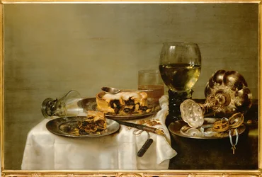 Frokostbord med brombærpai (maleri på tre)
